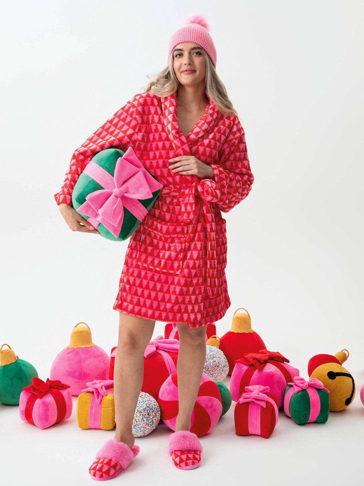 Shiraleah Felicity Trees pink slippers in two sizes, soft fabric with tree pattern, perfect for comfortable home wear.