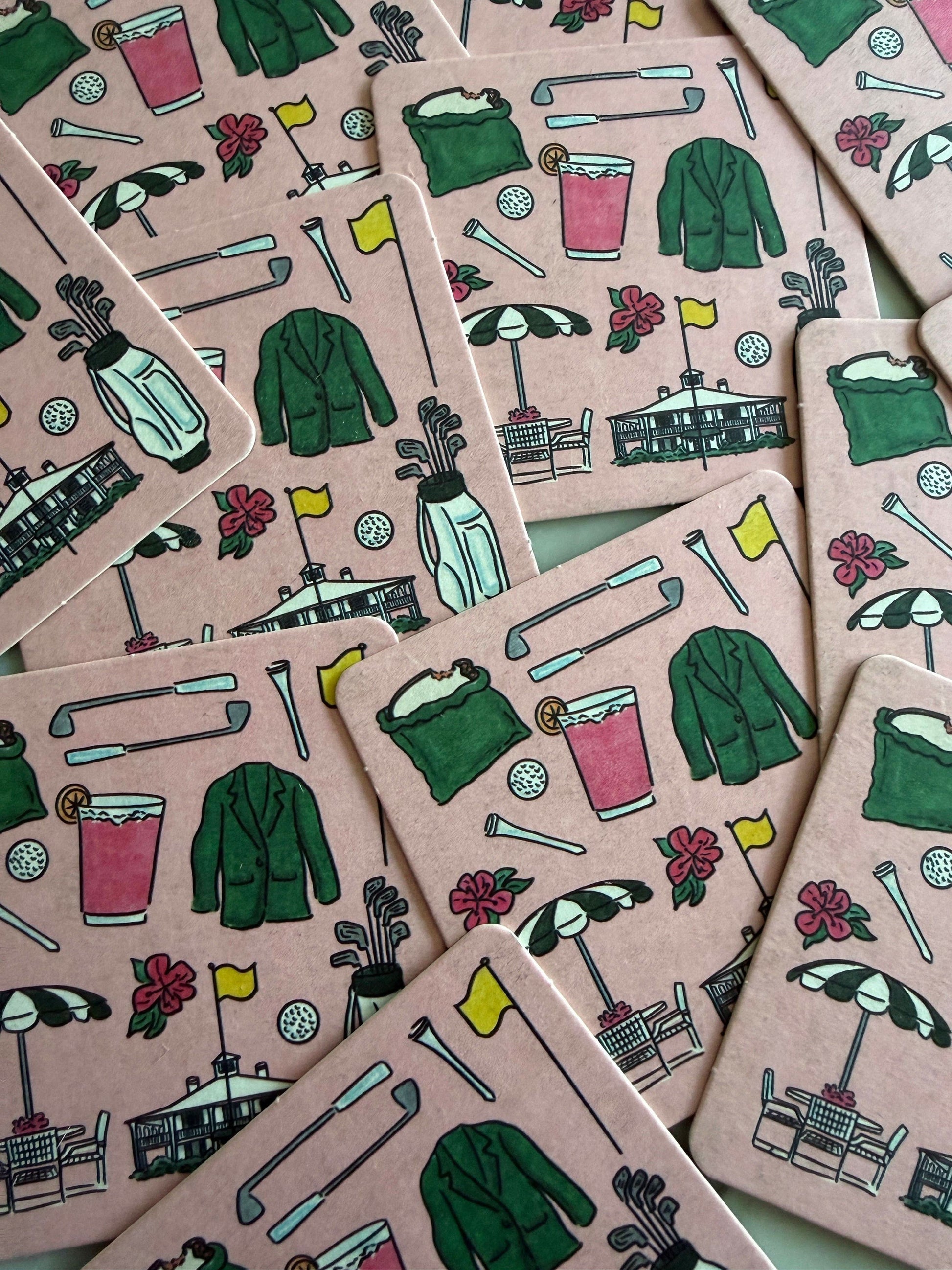 Set of 12 Augusta Golf Tournament Essentials disposable coasters by Thirteenwinks featuring golf-themed designs on paper coasters.