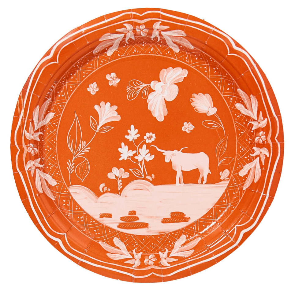 Austin Cow dessert-sized collegiate paper plates in burnt orange with a cow graphic, 8-pack from Pavilion Paper