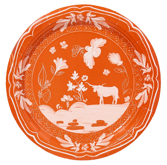 Austin Cow dessert-sized collegiate paper plates in burnt orange with a cow graphic, 8-pack from Pavilion Paper