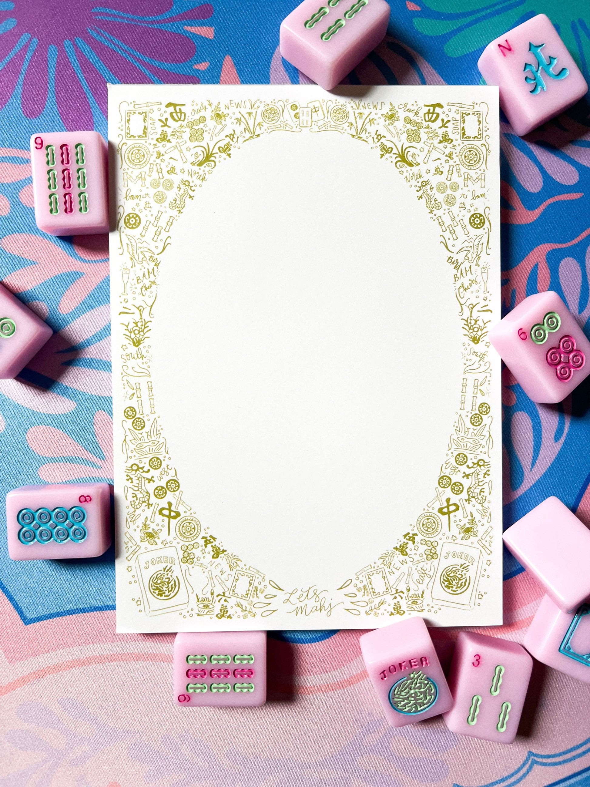 Hand-drawn Mahjong notepad by Thirteenwinks featuring 5x7 stationery for game night lovers and Mahjong enthusiasts.