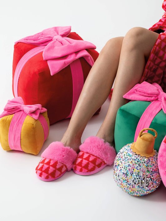 Pink Felicity Trees slippers by Shiraleah, featuring a cozy design with tree pattern in two sizes, perfect for comfortable indoor wear.
