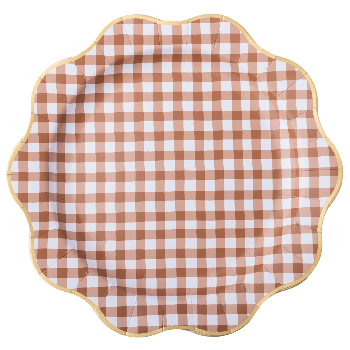 Set of 8 mocha brown gingham scalloped plates by Bonjour Fête, featuring a charming checked pattern and scalloped edges.