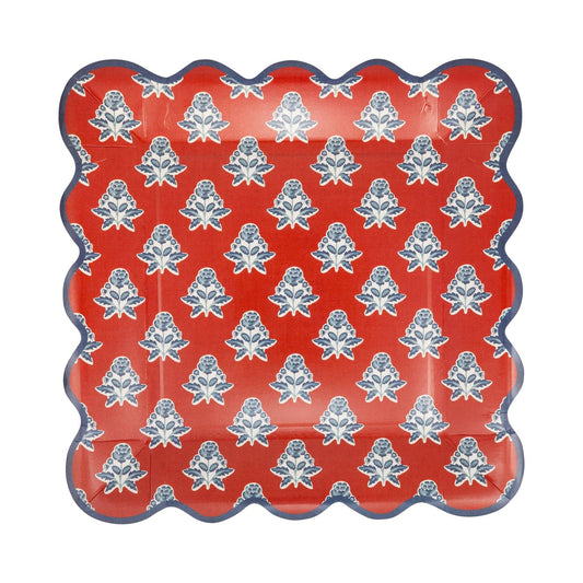 Red floral paper plate from My Mind’s Eye, 9-inch block pattern with vibrant flower design on sturdy paper.