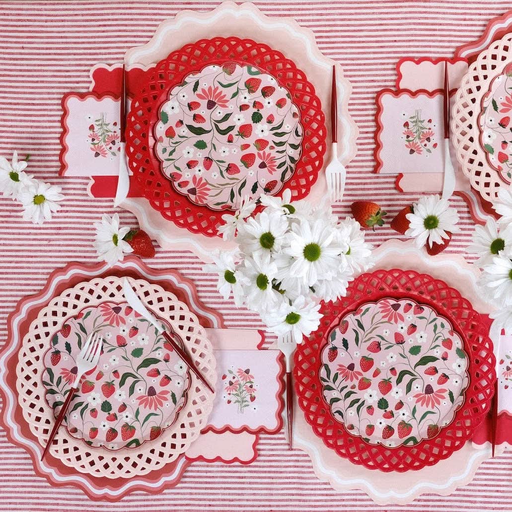 Red Basketweave Dinner Paper Plates by Gatherings by Curated Paperie, featuring a textured basketweave design on a vibrant red plate.