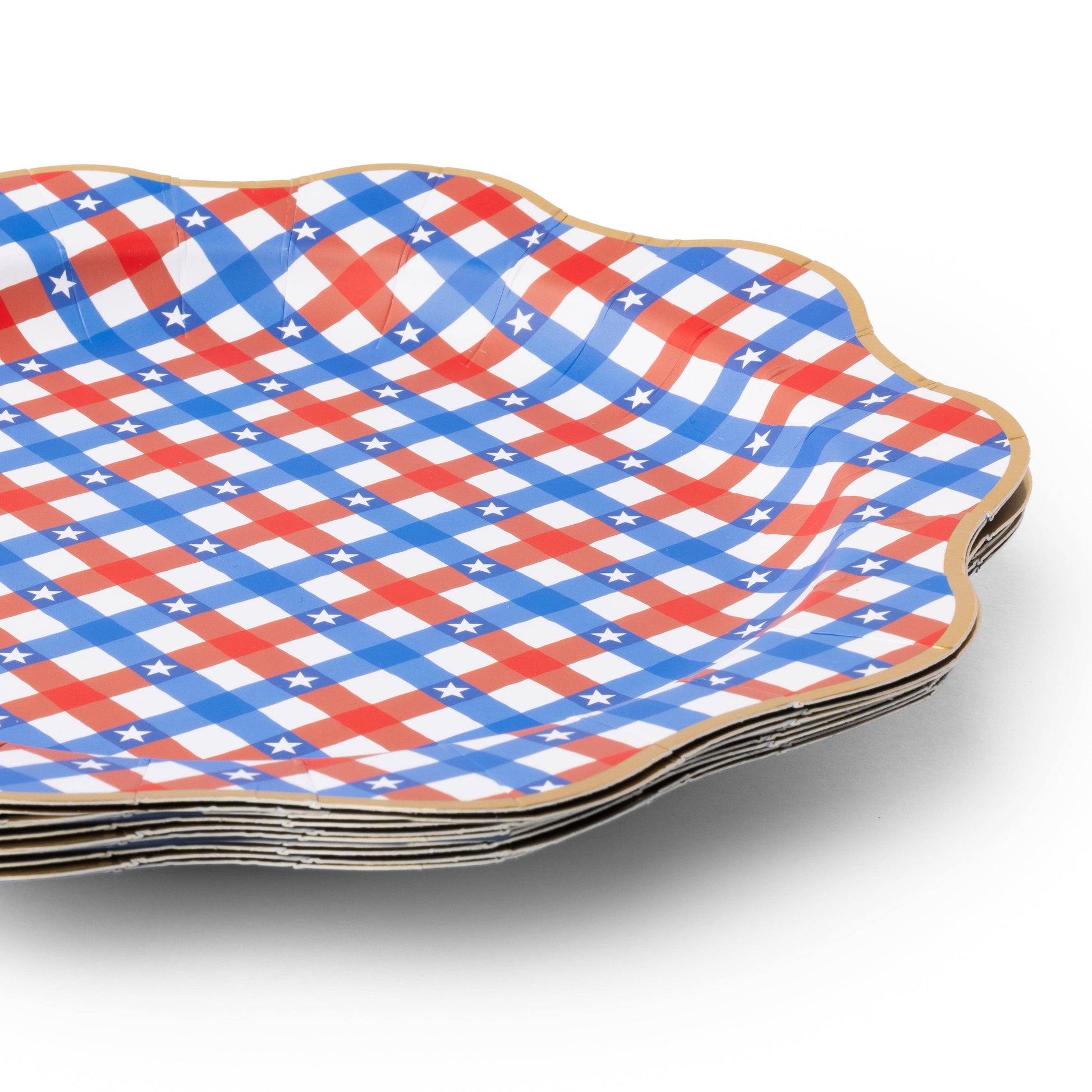 Set of three red and blue gingham star dinner plates by Bonjour Fête, featuring a festive pattern perfect for special occasions.