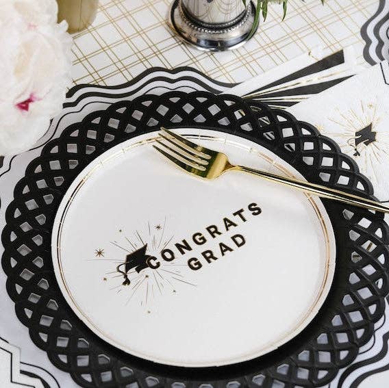 Set of three black Basketweave dinner paper plates from Gatherings by Curated Paperie with textured woven design.