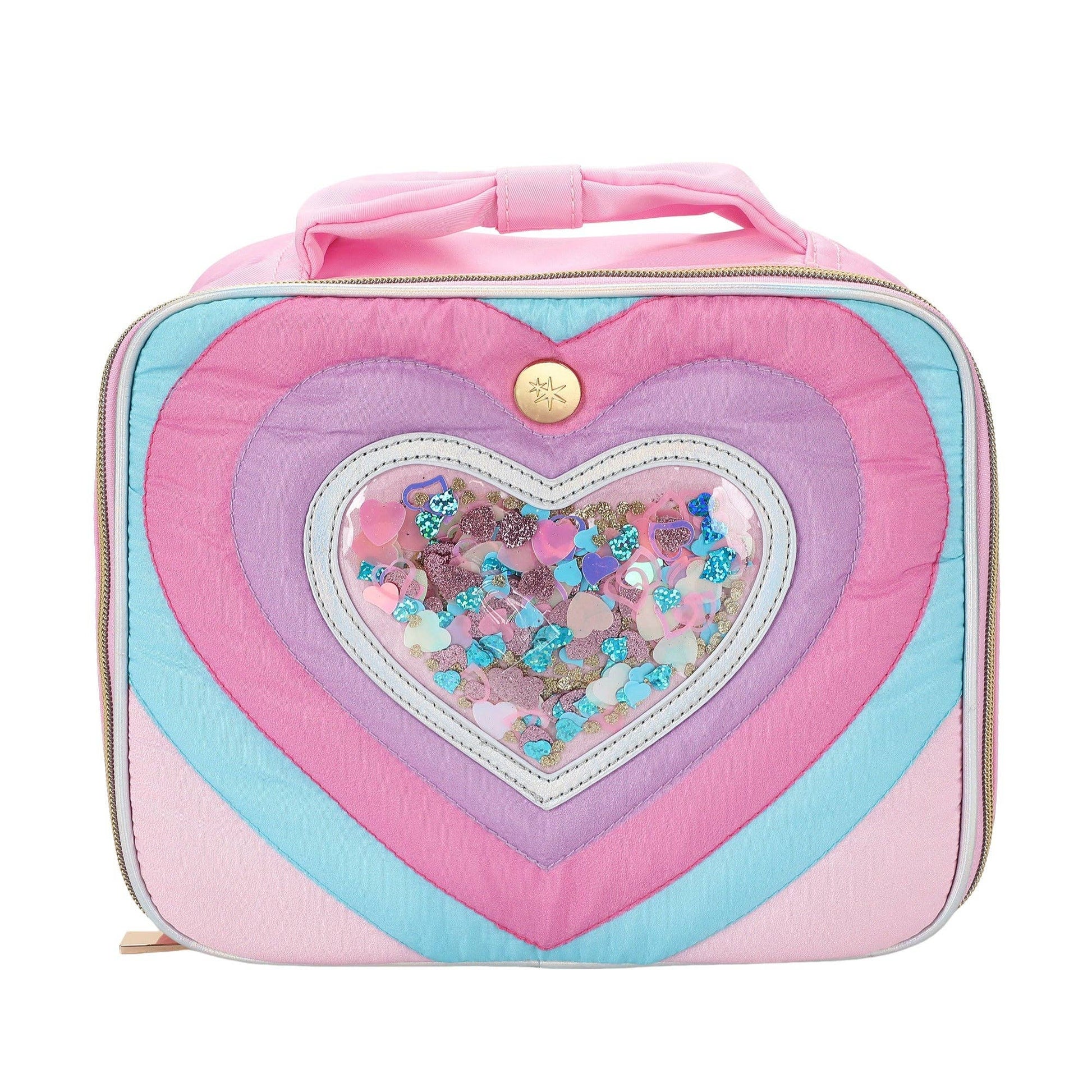 Taylor Quilted Confetti Hearts insulated lunchbox by Packed Party featuring colorful heart patterns and quilted fabric design.