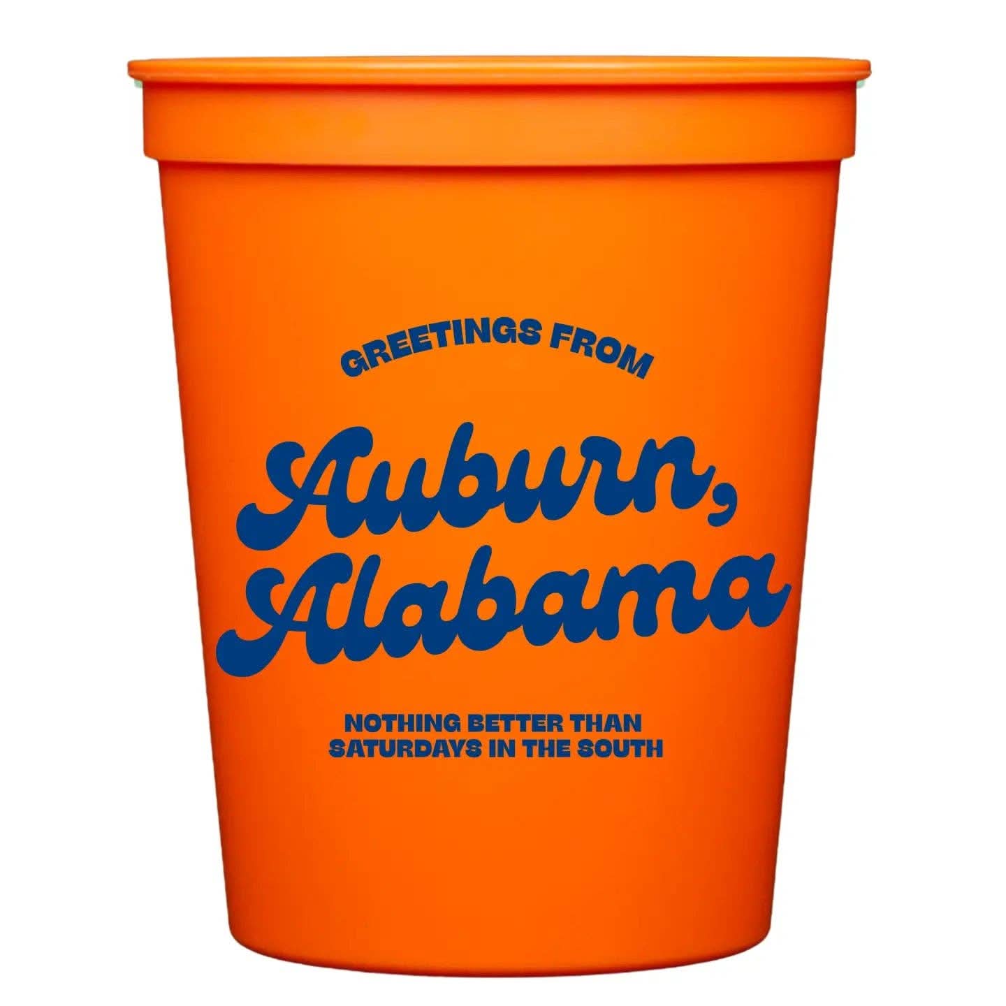Set of six MadHouse Greetings From Auburn Alabama stadium cups featuring team logo and vibrant sports-themed design.