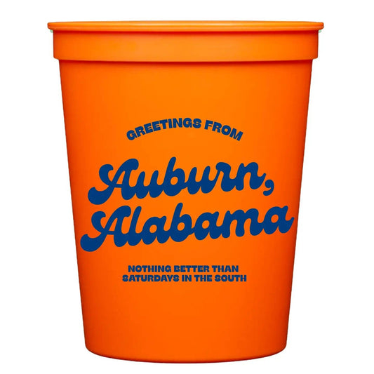 Set of six MadHouse Greetings From Auburn Alabama stadium cups featuring team logo and vibrant sports-themed design.
