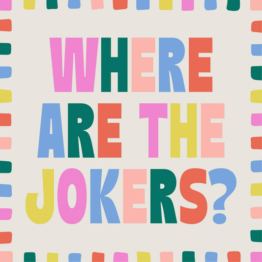 Mahjong cocktail napkin with jokers design, featuring colorful playing card motifs, from Soiree Sisters for fun party decor.