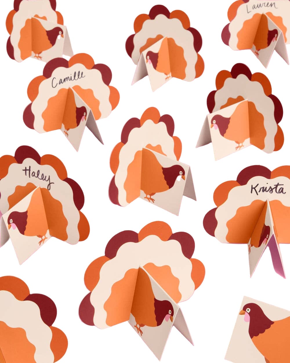 Set of 12 Turkey Time Place Cards by xo, Fetti featuring festive Thanksgiving turkey designs on white cardstock.