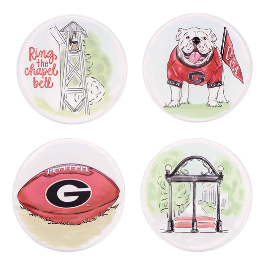 Set of four Georgia-themed coasters from Glory Haus featuring colorful, decorative designs on a flat surface.