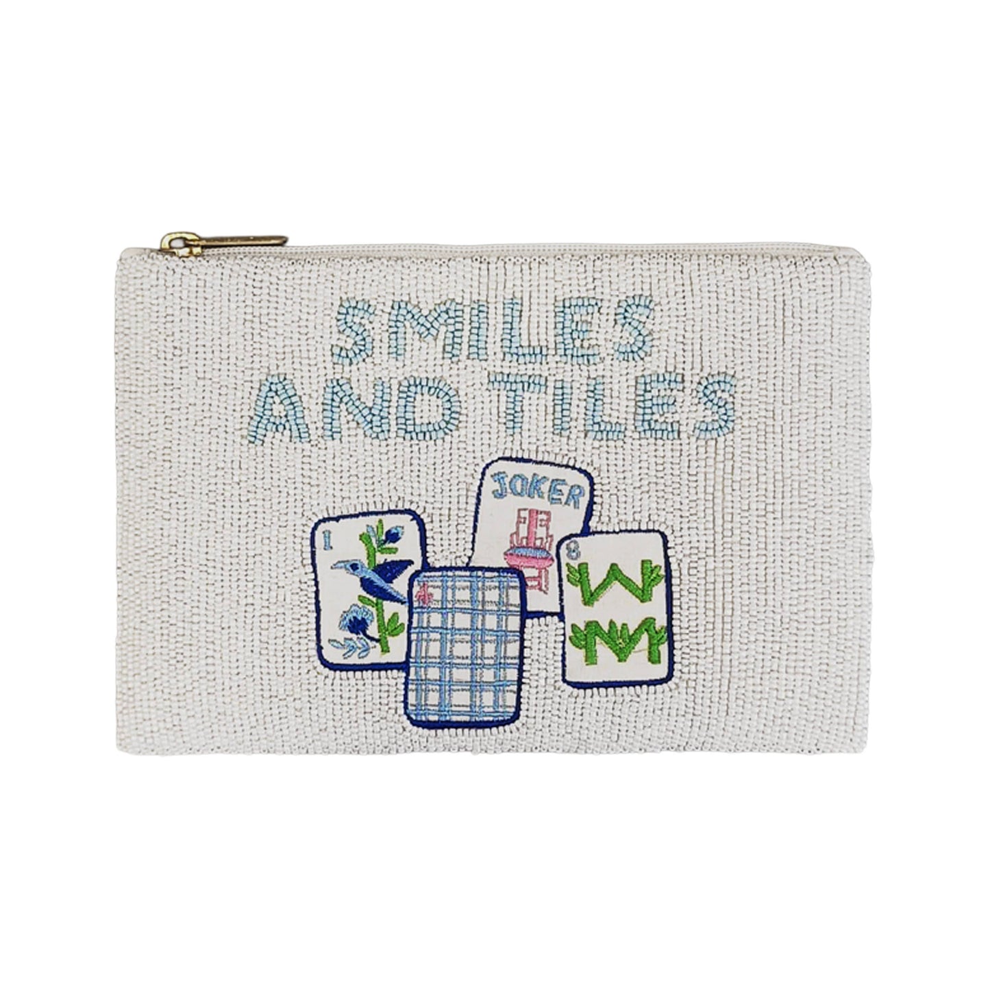 Beaded Toss Designs Smiles and Tiles beaded bag with colorful tile and smile bead details, showcasing handcrafted accessory craftsmanship.