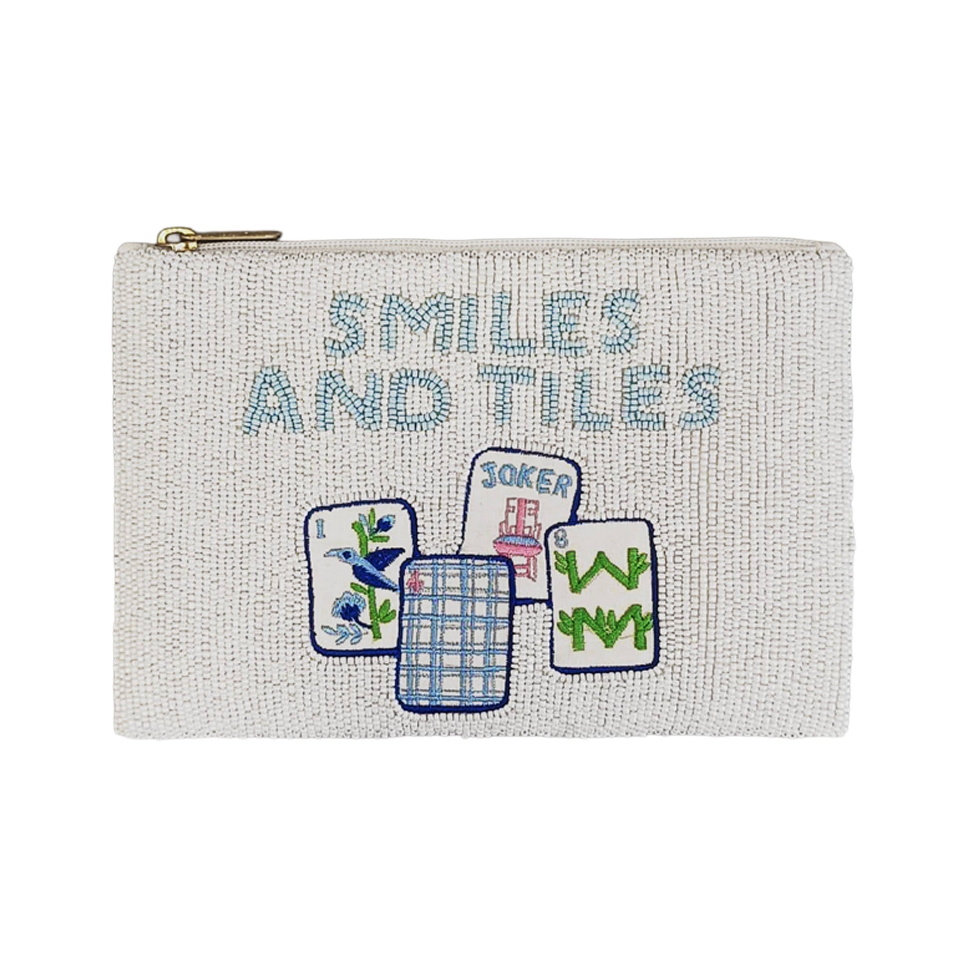 Beaded Toss Designs Smiles and Tiles beaded bag with colorful tile and smile bead details, showcasing handcrafted accessory craftsmanship.