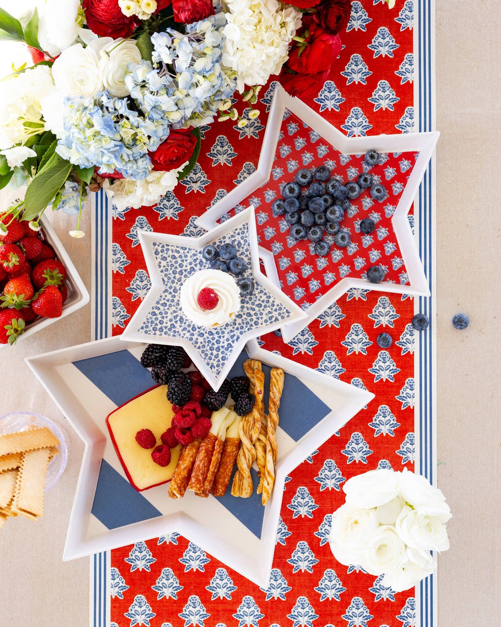 My Mind’s Eye floral table runner with colorful flower patterns on fabric, perfect for spring or summer table decor.