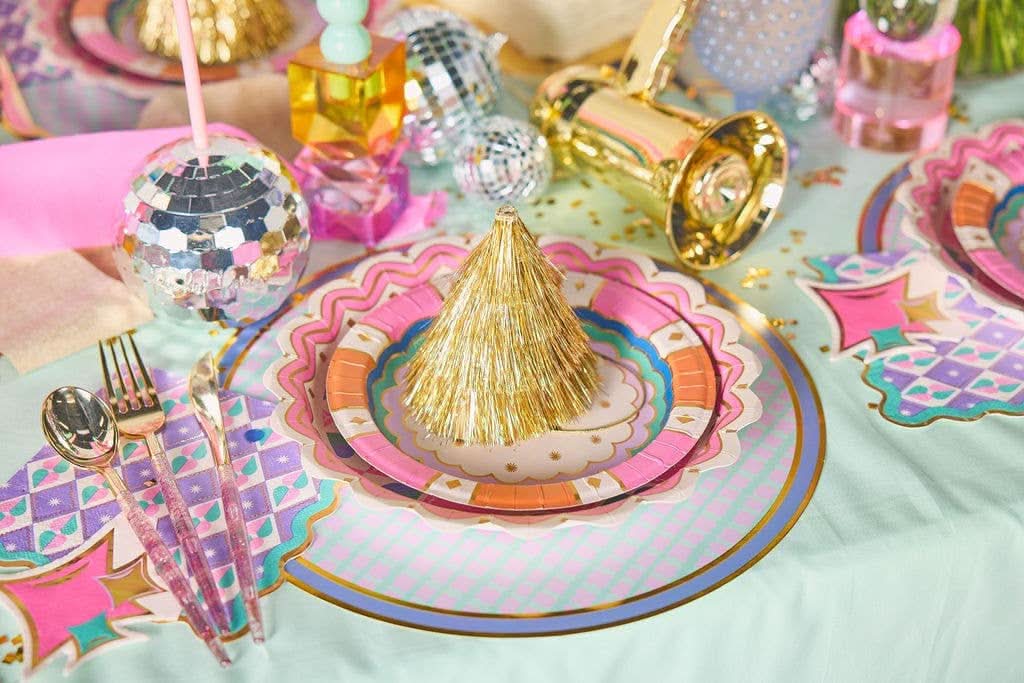 Set of four Golden Girl mini gold fringe party hats by Packed Party, featuring shiny gold fabric and playful fringe details.