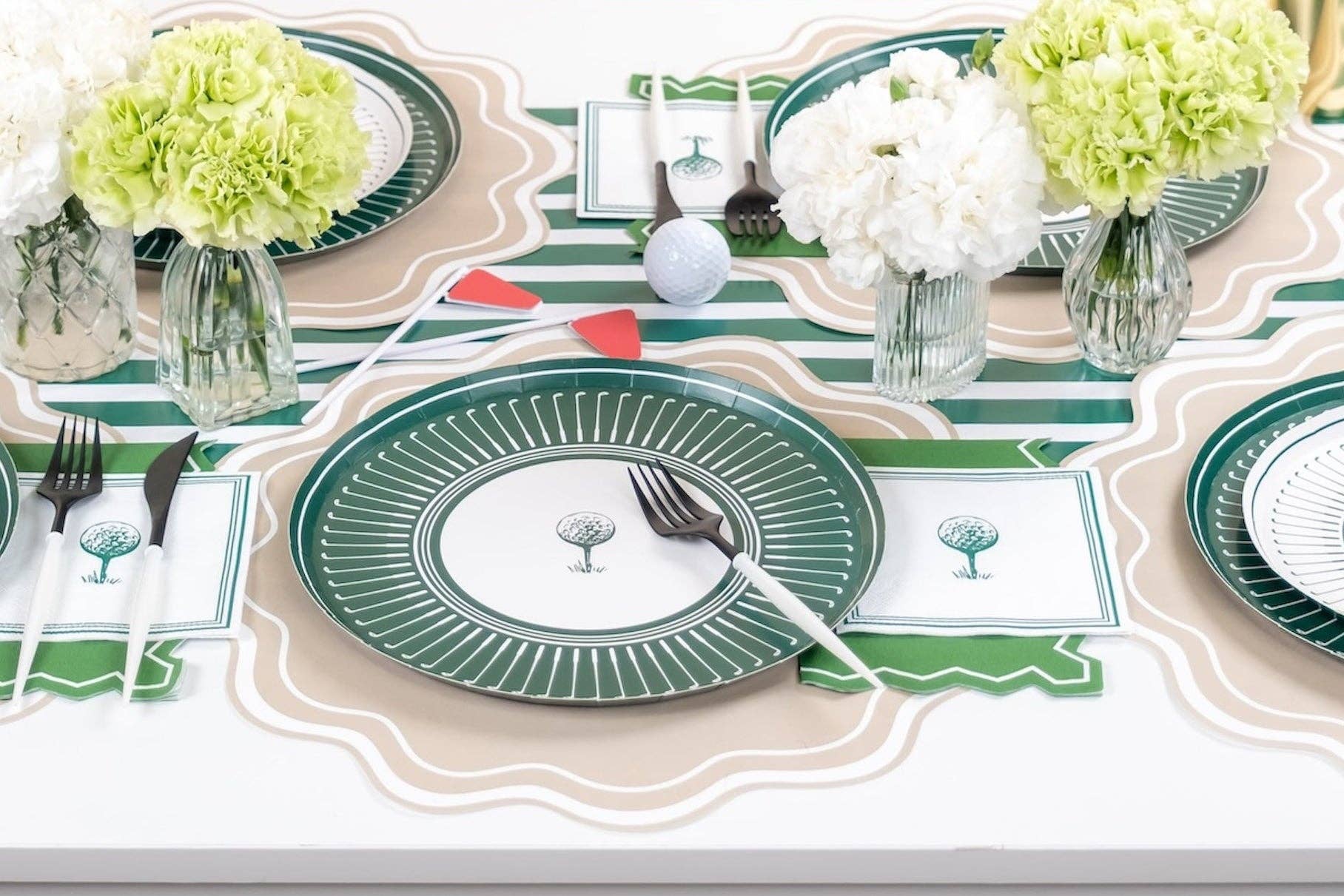 Set of 16 Gatherings by Curated Paperie golf-themed beverage napkins with printed golf ball and flag design.