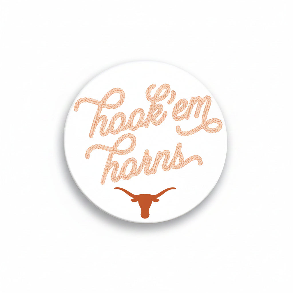 University of Texas Hook'em Howdy button by Good Vibez Collegiate featuring a Texas Longhorns logo and spirited design.