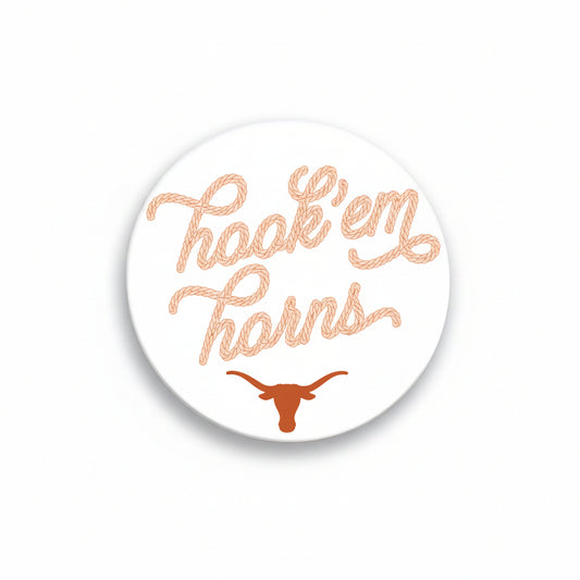 University of Texas Hook'em Howdy button by Good Vibez Collegiate featuring a Texas Longhorns logo and spirited design.