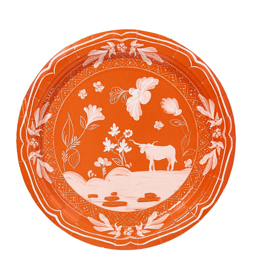 Austin Cow Dinner Sized Collegiate Paper Plates by Pavilion Paper, 8-pack, white with burnt orange cow design, suitable for parties