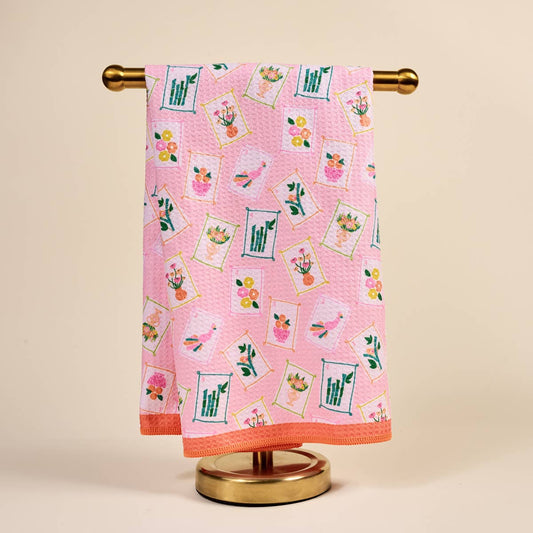 Waffle tea towel with "It's Mahj Time" print from The Darling Effect, featuring a soft, textured fabric and playful design.