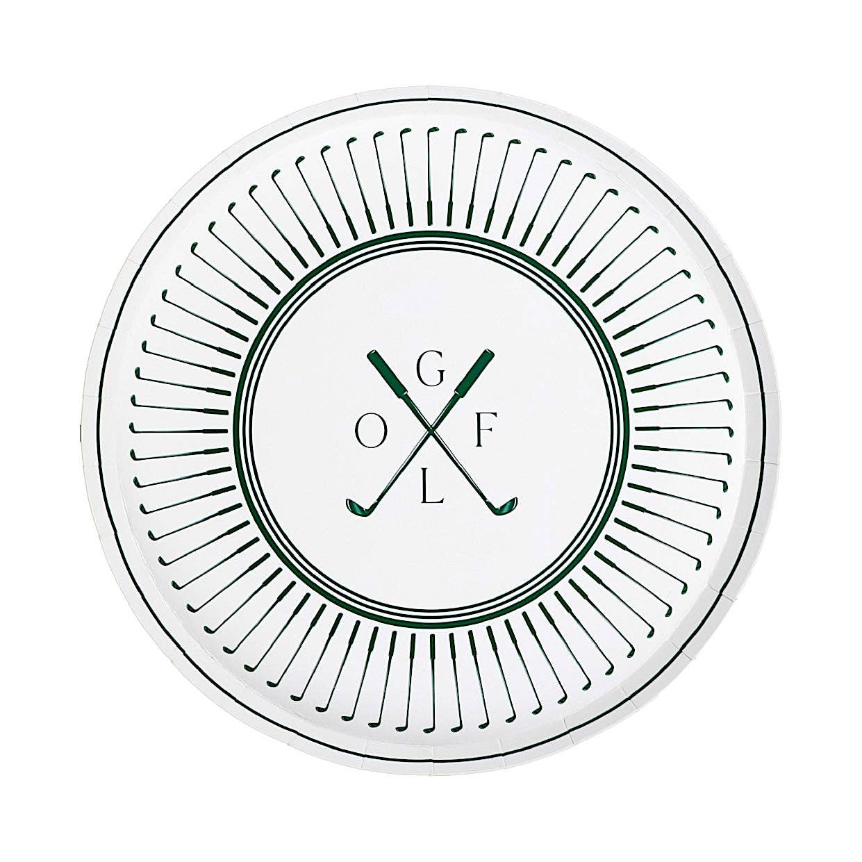 Set of eight 8.5-inch golf-themed dessert plates by Gatherings by Curated Paperie, featuring a golf ball and tee design.