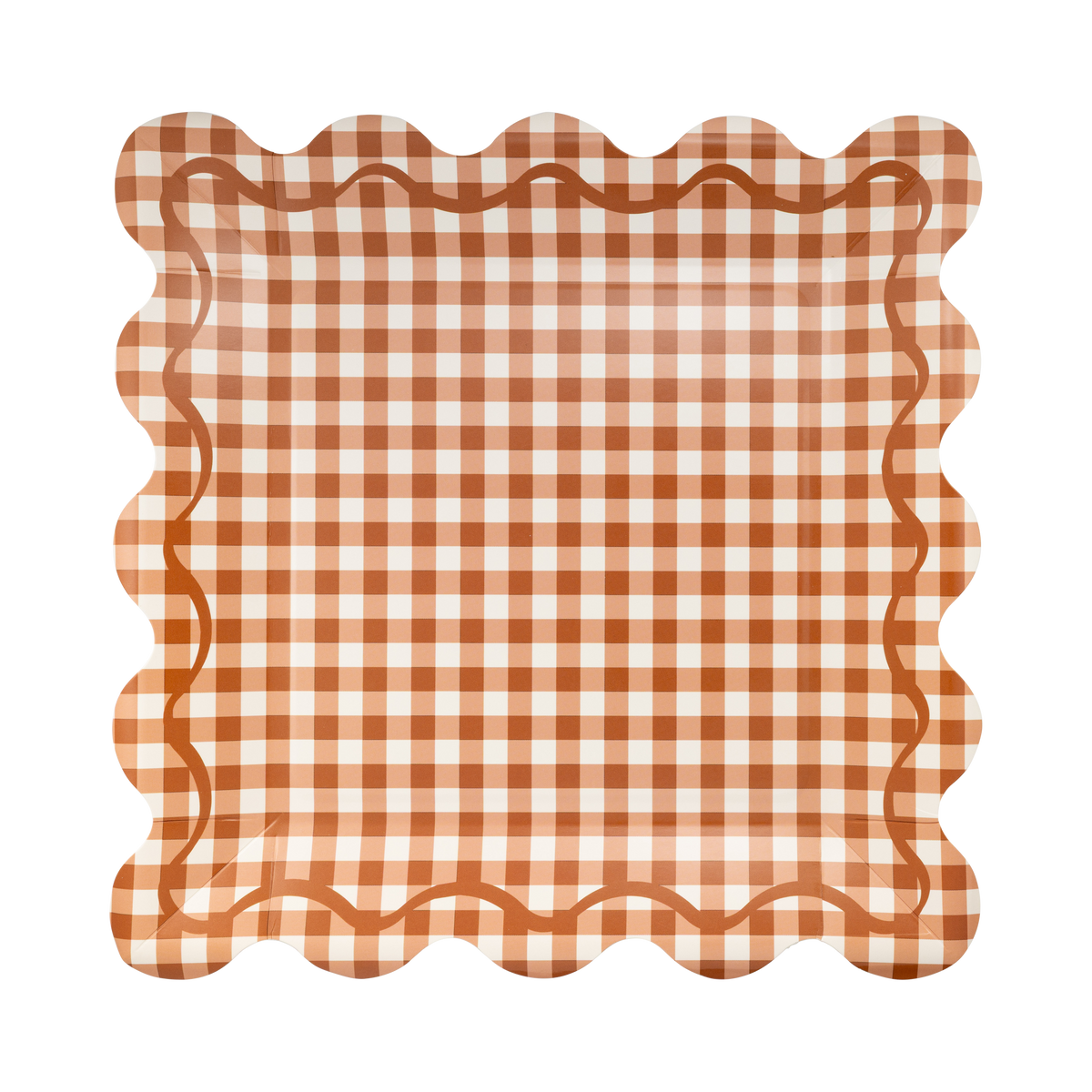 Rust Gingham Scalloped Square Paper Plates 10" | 8 count