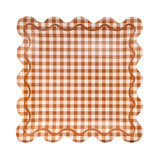 Rust Gingham Scalloped Square Paper Plates 10" | 8 count