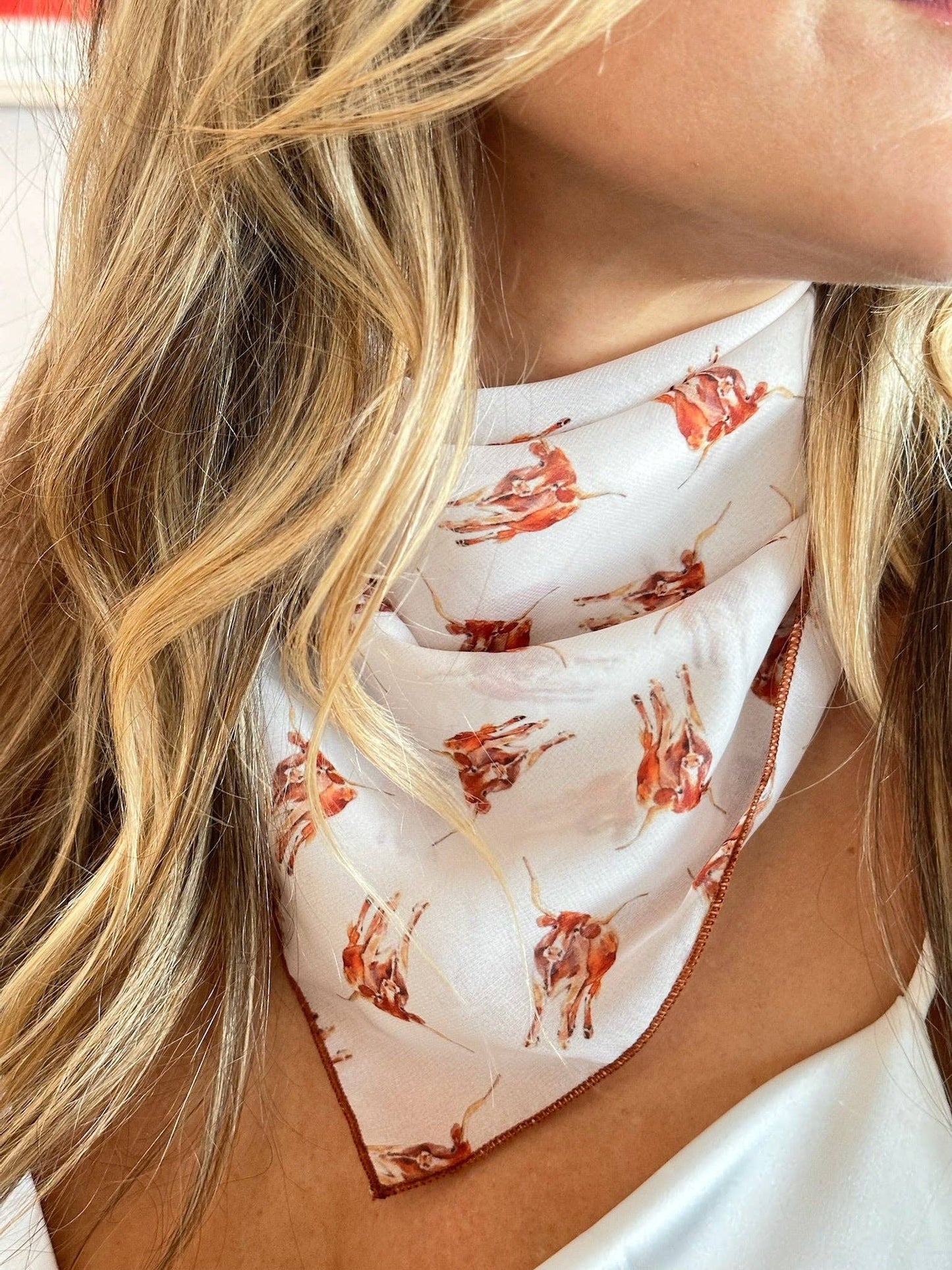 Eighteen Forty Two Longhorn Chiffon Scarf in a 20-inch square, featuring a soft, flowing chiffon fabric with a Longhorn pattern.