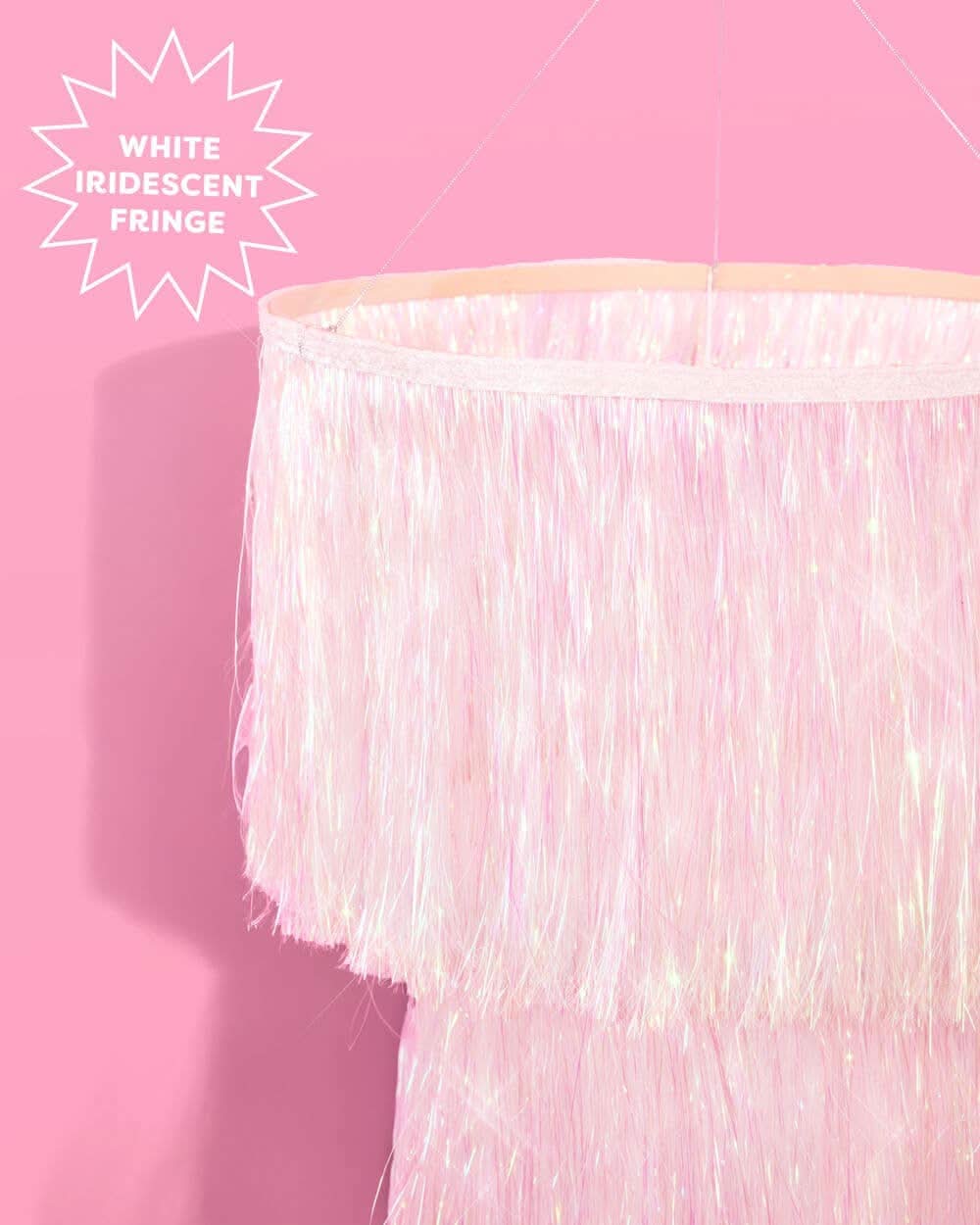 Iridescent sparkly party chandelier with hanging crystals and shimmering surfaces, perfect for festive celebrations and decor.