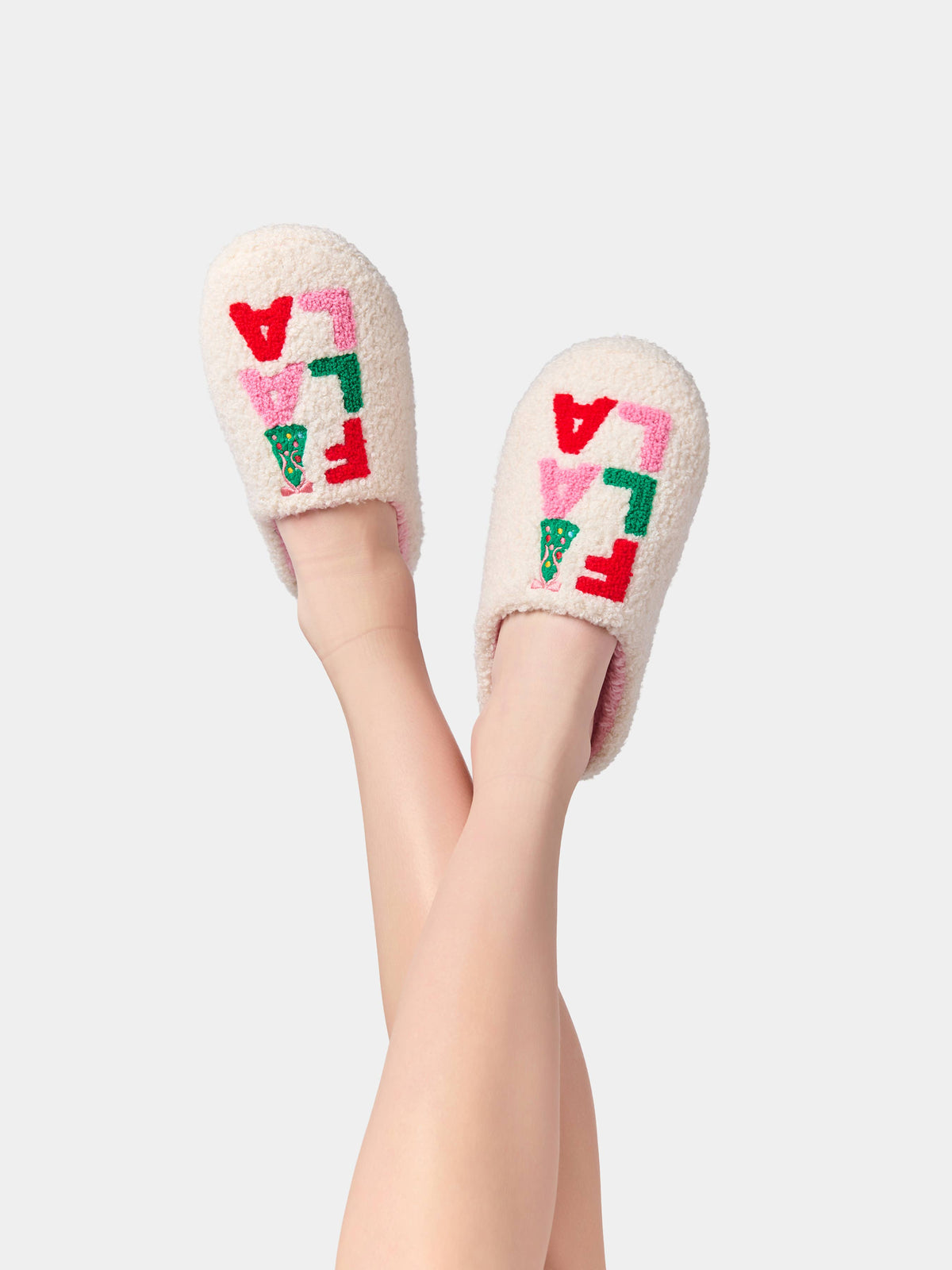 Shiraleah FA LA LA slippers in size S/M with festive red and green design, cozy knit fabric, perfect for holiday comfort