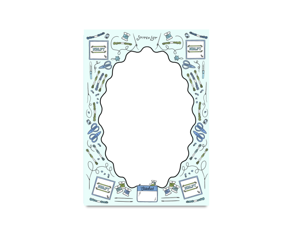Blue Stitch List Needlepoint Notepad by Thirteenwinks, 5x7 inches with 50 pages featuring a needlepoint design.