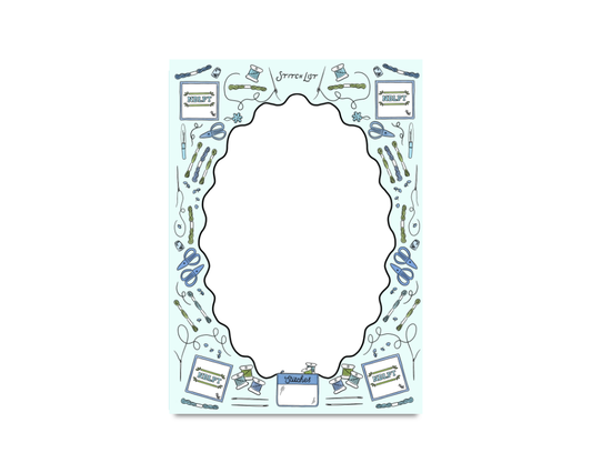 Blue Stitch List Needlepoint Notepad by Thirteenwinks, 5x7 inches with 50 pages featuring a needlepoint design.