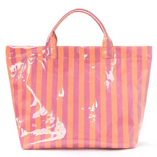 Large fuchsia and orange striped vinyl tote bag by JOSSLYN with sturdy handles and spacious interior for everyday use.