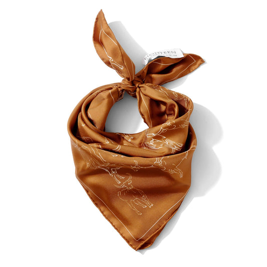 Burnt orange Texas Longhorn outline silk twill scarf, 20x20 inches, featuring the Eighteen Forty Two brand design.