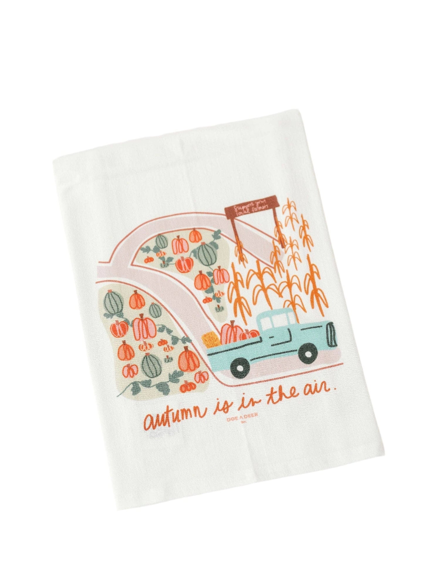 Doe A Deer Autumn is in the Air Flour Sack Towel featuring fall-themed design with leaves and seasonal motifs.