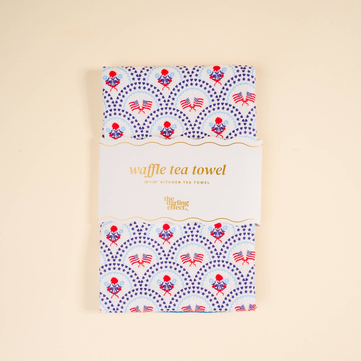 All-American Darling waffle tea towel by The Darling Effect featuring patriotic red, white, and blue star pattern.