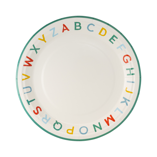 Set of 8 9-inch alphabet plates by My Mind’s Eye featuring colorful letter designs for party or table setting.