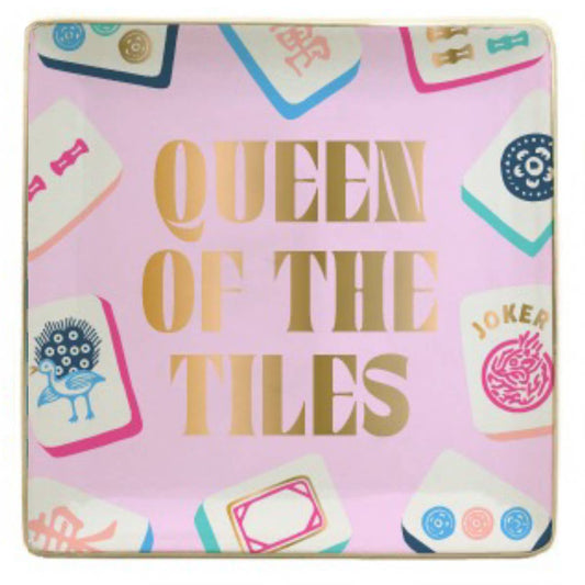 Ceramic Mahjong trinket tray featuring Queen of the Tiles design, decorative jewelry and small item holder, by soiree-sisters.