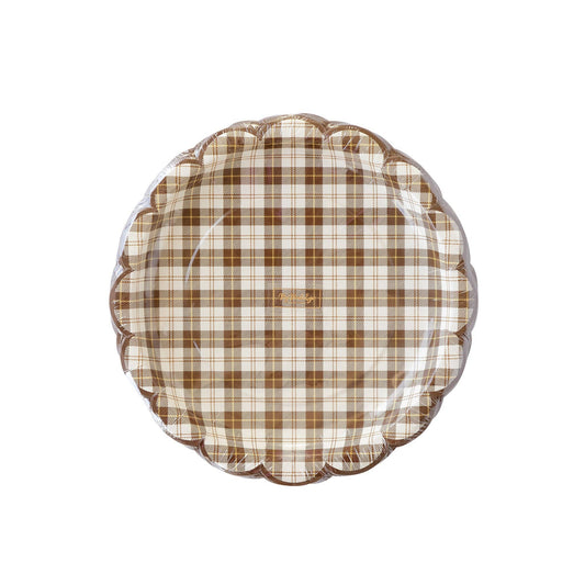 Harvest Scallop Brown Plaid Paper Plate