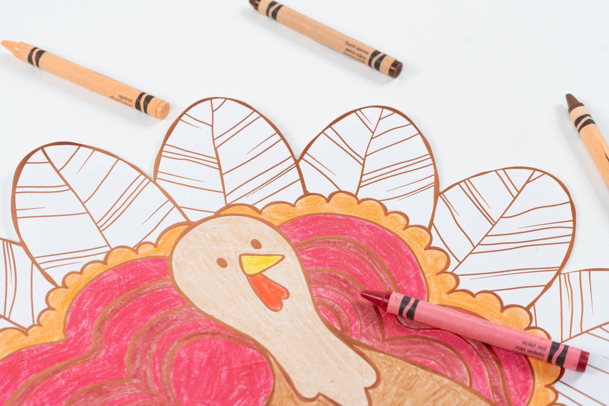 Thanksgiving turkey coloring placemats from Gatherings by Curated Paperie, featuring festive harvest-themed designs for kids.