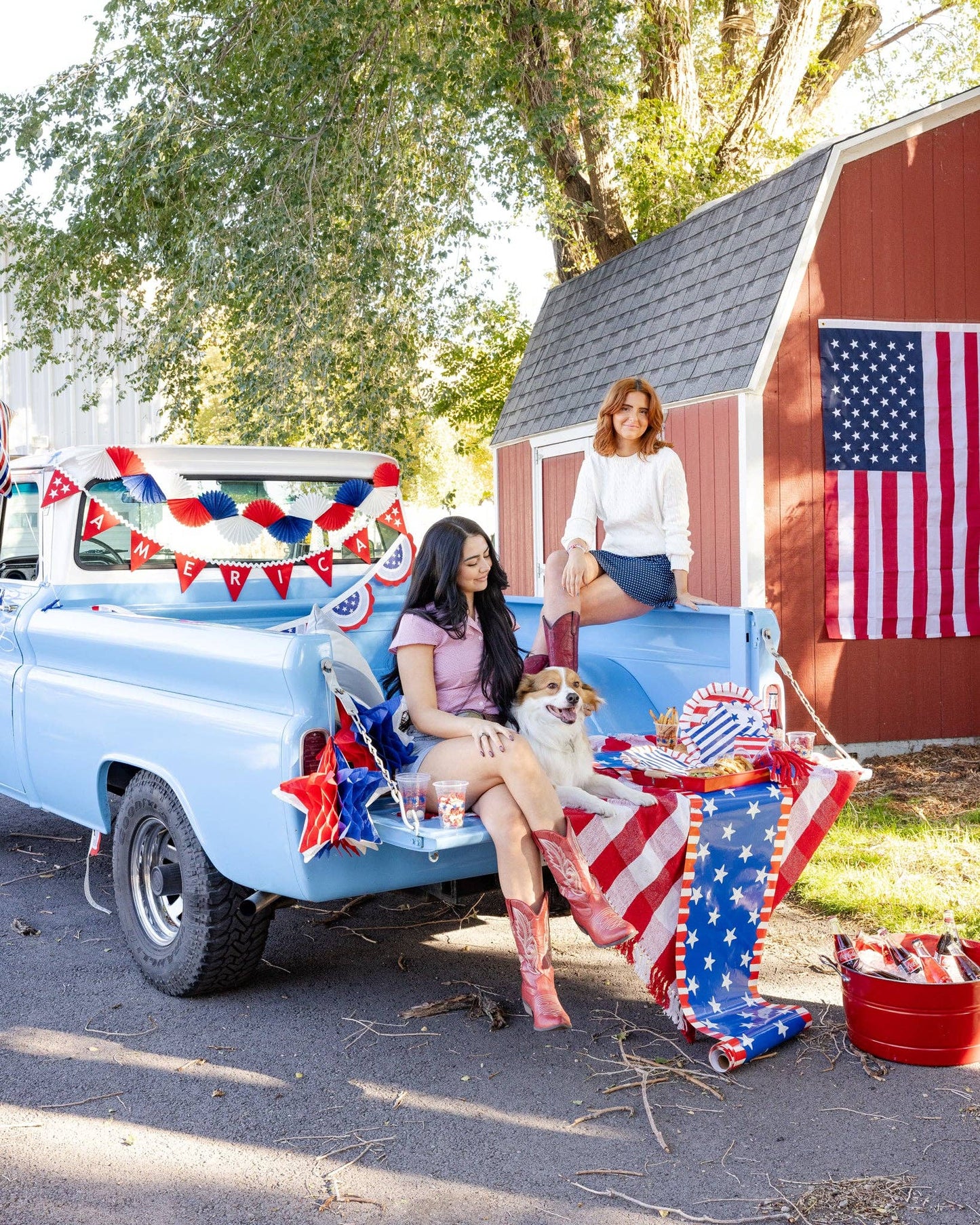 My Mind's Eye America Felt Pennant Banner with red, white, and blue felt flags strung together for patriotic decoration.