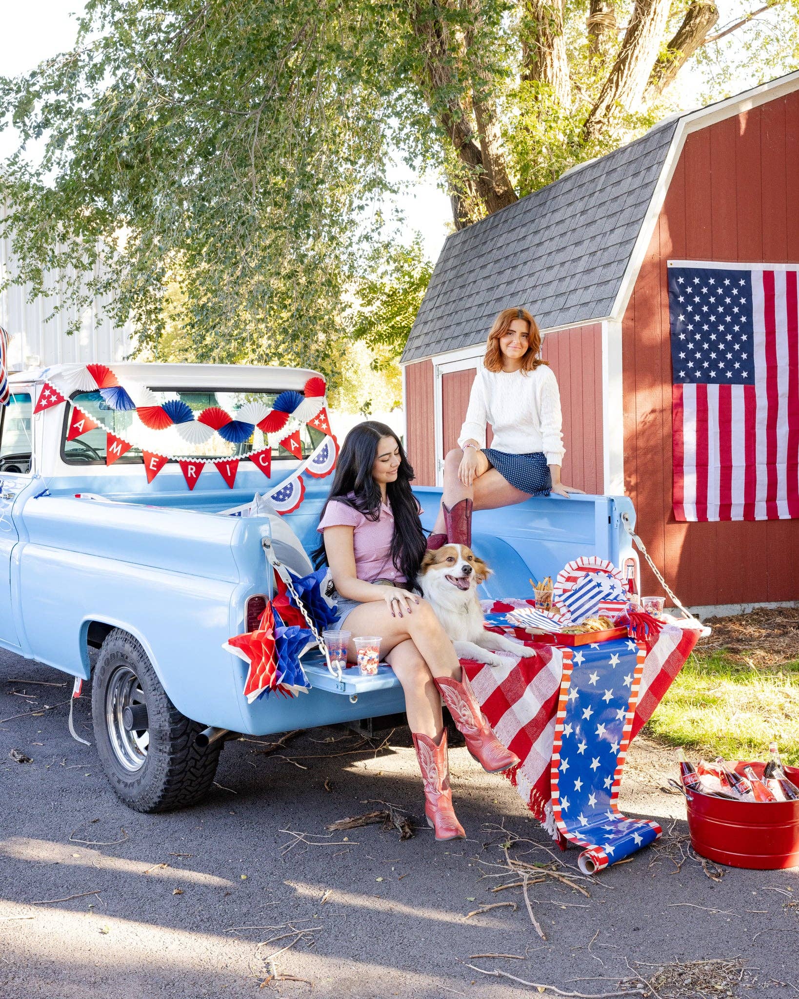 My Mind's Eye America Felt Pennant Banner with red, white, and blue felt flags strung together for patriotic decoration.