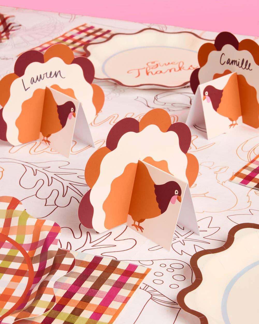 Set of 12 Turkey Time Place Cards by xo, Fetti featuring festive Thanksgiving-themed paper place cards with turkey illustrations.