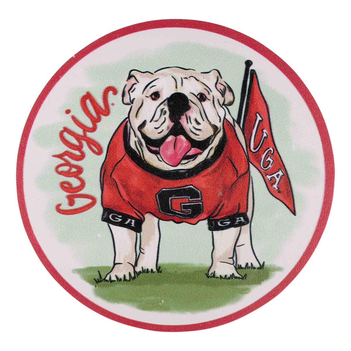Set of four Georgia mascot coasters from Glory Haus featuring colorful cartoon Georgia Bulldogs designs on cork backings.