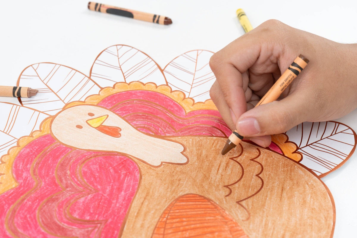 Thanksgiving turkey coloring placemats by Gatherings, featuring festive turkey illustrations on durable paper for holiday coloring activities.