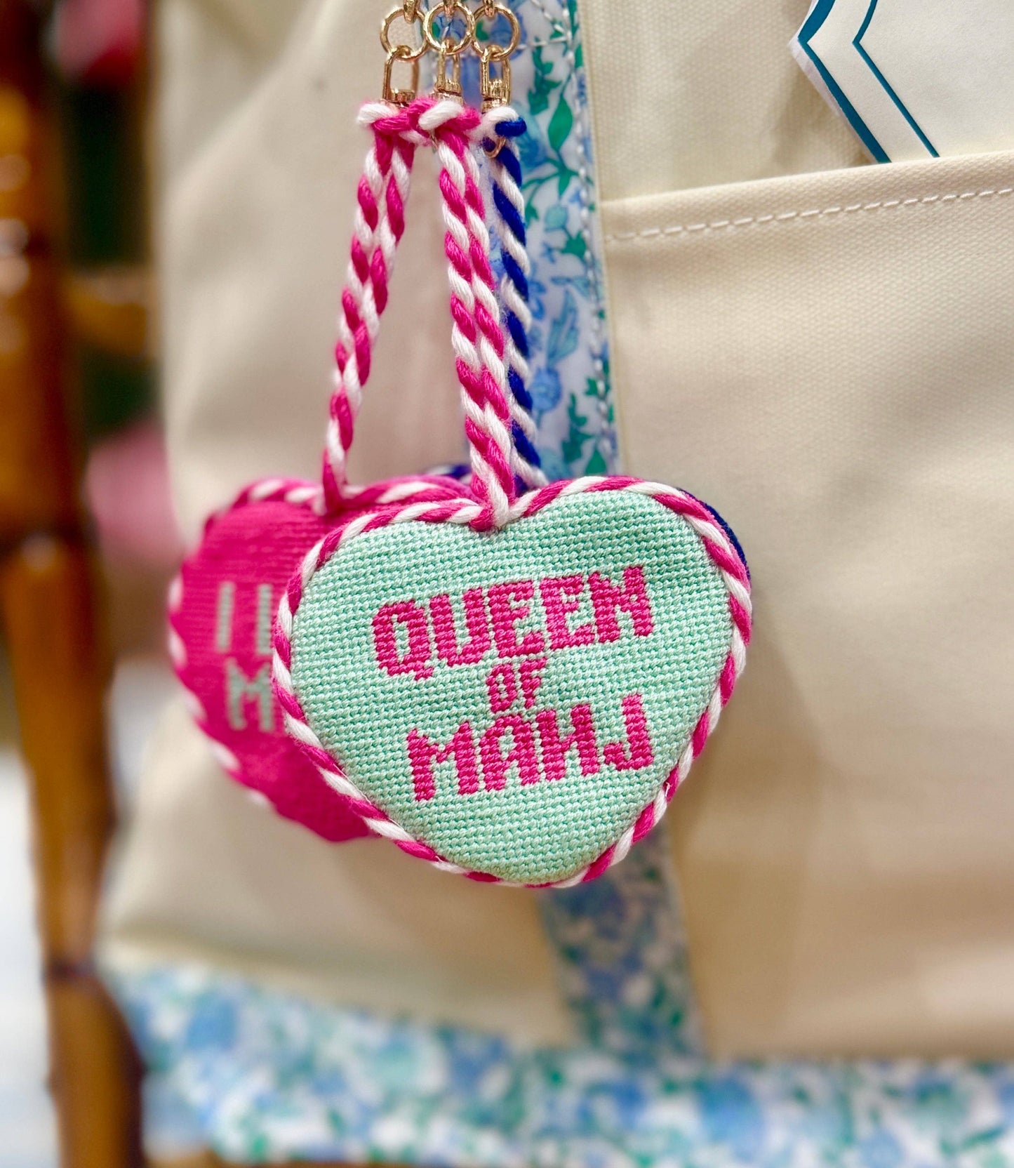 Southern Decorative Queen of Mahjong needlepoint bag charm featuring intricate embroidery and decorative details.