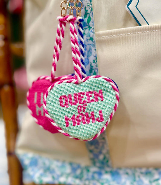 Southern Decorative Queen of Mahjong needlepoint bag charm featuring intricate embroidery and decorative details.