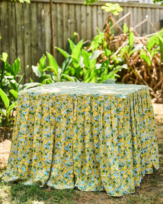 Lauren tablecloth by The Gilded Grasshopper featuring elegant fabric with intricate floral patterns on a neutral background